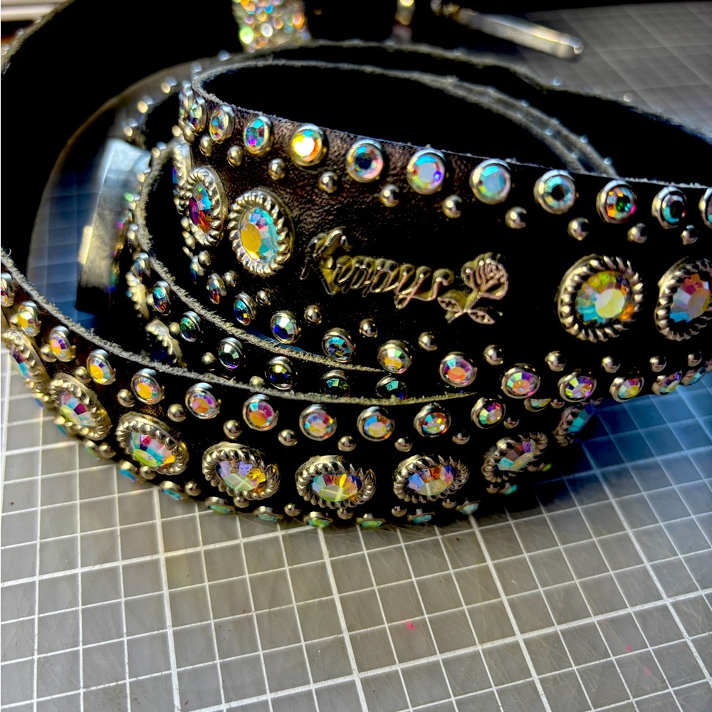 KIPPYS Men’s Austrian Crystal Embellished Black Belt with Silver Tone Accents